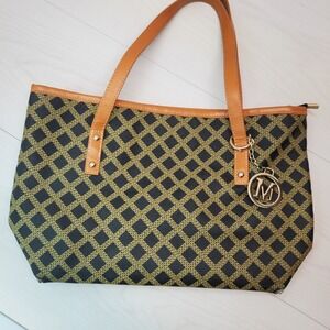 Micom‎ Designer Tote Bag Geometric Pattern Tan Leather Accents Cat Charm